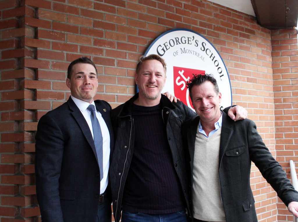 High School Assistant Head Michael O'Connor, Robert Sibthorpe and Gary Silverman standing in front of St. George's High School
